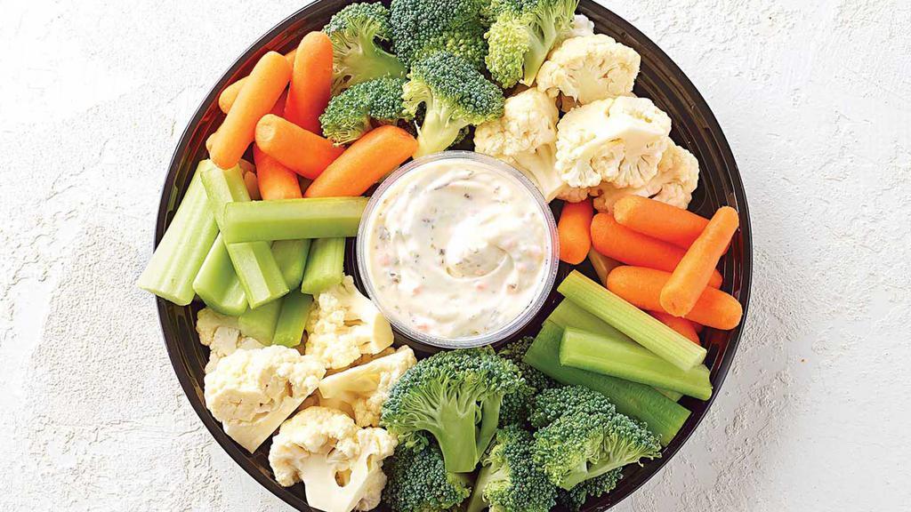 Veggie Tray For 2 With Ranch Dip · Fresh cut vegetables served with Ranch Dip made with no artificial colors, flavors or preservatives. Vegetable variety may vary based on in-store selection.