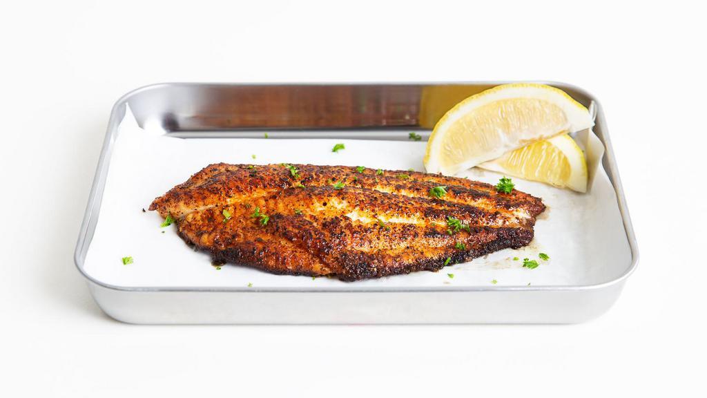 Blackened Fish · Pan-seared white fish filet with cajun seasoning and your choice of side.