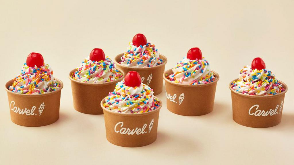  Sprinkle Cups (6- Pack) · Vanilla ice cream with rainbow sprinkles served with a cherry on top.