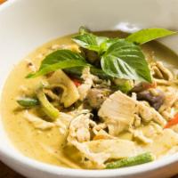 Green Curry (Lunch) · Spicy. With eggplant, string bean, bamboo shoot, bell pepper and basil.