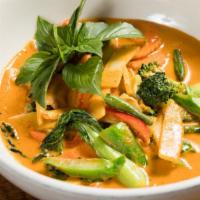 Red Curry (Lunch) · Spicy. With bell pepper, bamboo shoot, string bean, and basil.