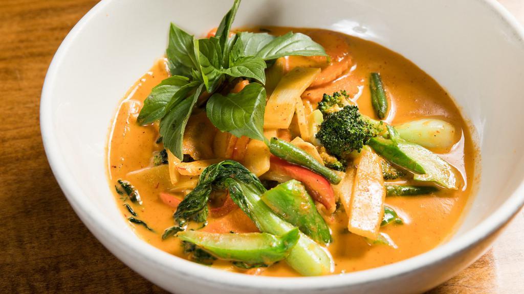 Red Curry (Lunch) · Spicy. With bell pepper, bamboo shoot, string bean, and basil.