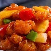 Sweet & Sour (Lunch) · With pineapple, onions, scallions, tomatoes, and cucumber. Served with jasmine rice.