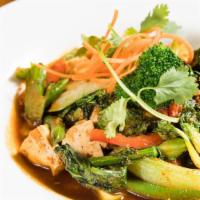 Pad Prik Khing (Lunch) · Medium spicy. With string bean, broccoli, bell pepper, chopped kaffir lime leaf and chili sa...