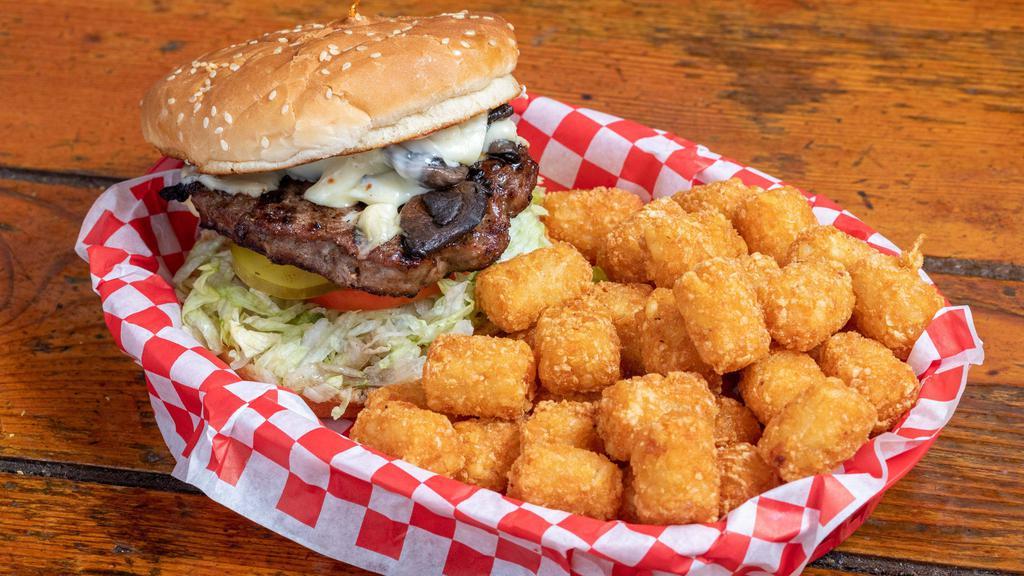 1231. Swiss And Mushroom Burger · Covered in grilled Mushrooms and melted Swiss Cheese. Add a side of fries, tots, onion rings or a salad for additional cost.