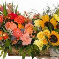Thank You · A fall arrangement in the wood container. Featured flowers: sunflowers, mini roses, carnatio...