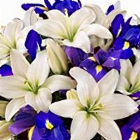 Bright White Lilies & Dark Blue Iris · Bright white lilies and dark blue iris. Unique combination of this colors make any room spar...