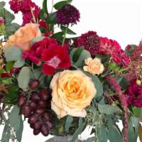 Flowers & Fruit · A loose style flower arrangement, accented with fruits. Featured flowers: peach garden rose,...