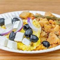 Greek Omelet, Feta Cheese, Olives, Tomatoes, Onions & Peppers, Served With Home Fries & Toast · Greek omelet, feta cheese, olives, tomatoes, onions and peppers, served with home fries and ...