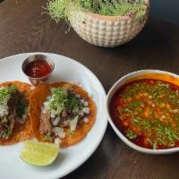 Tacos & Consomme · Two soft corn tortilla tacos, w/fresh cilantro & onions served with consommé