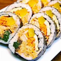 Spicy Tuna Kimbap(매운참치 김밥) · Spicy tuna salad, yellow pickle radish, burdock, egg, spinach, fish cake, sesame oil and sea...