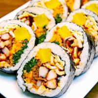 Spicy Squid Kimbap (매운오징어김밥) · Spicy stir-fried squid yellow pickle radish, carrot, burdock, egg, spinach, sesame oil and s...