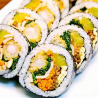 Shrimp Tempura Kimbap(새우튀김 김밥) · Shrimp tempura, yellow pickle radish, carrot, burdock, cabbage, spinach sesame oil and seaso...