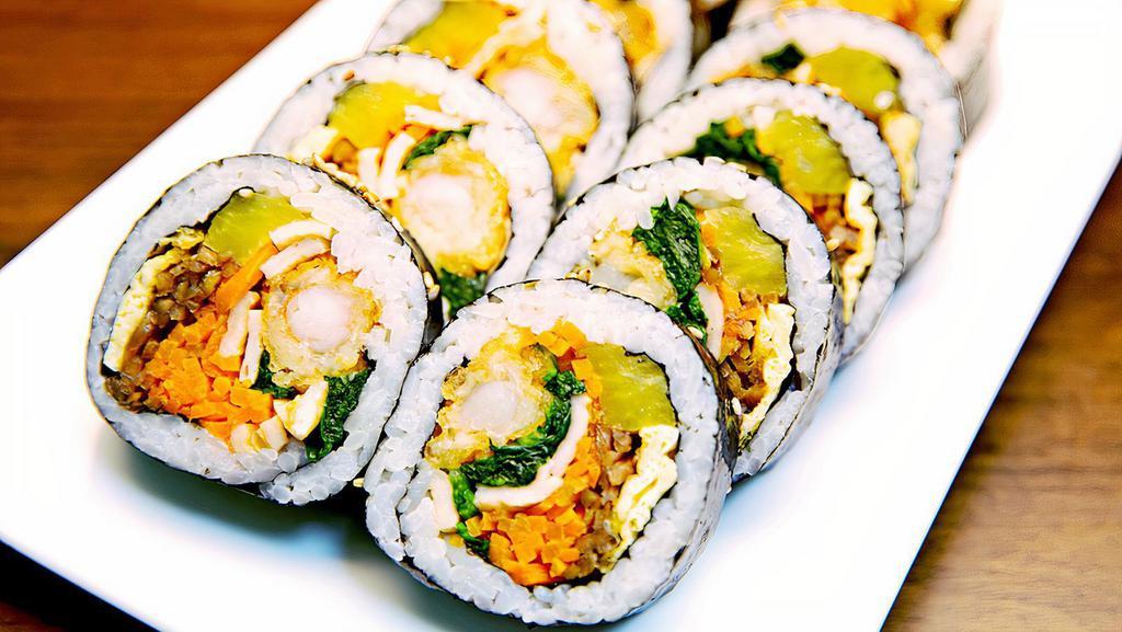 Shrimp Tempura Kimbap(새우튀김 김밥) · Shrimp tempura, yellow pickle radish, carrot, burdock, cabbage, spinach sesame oil and seasoned rice with seaweed.