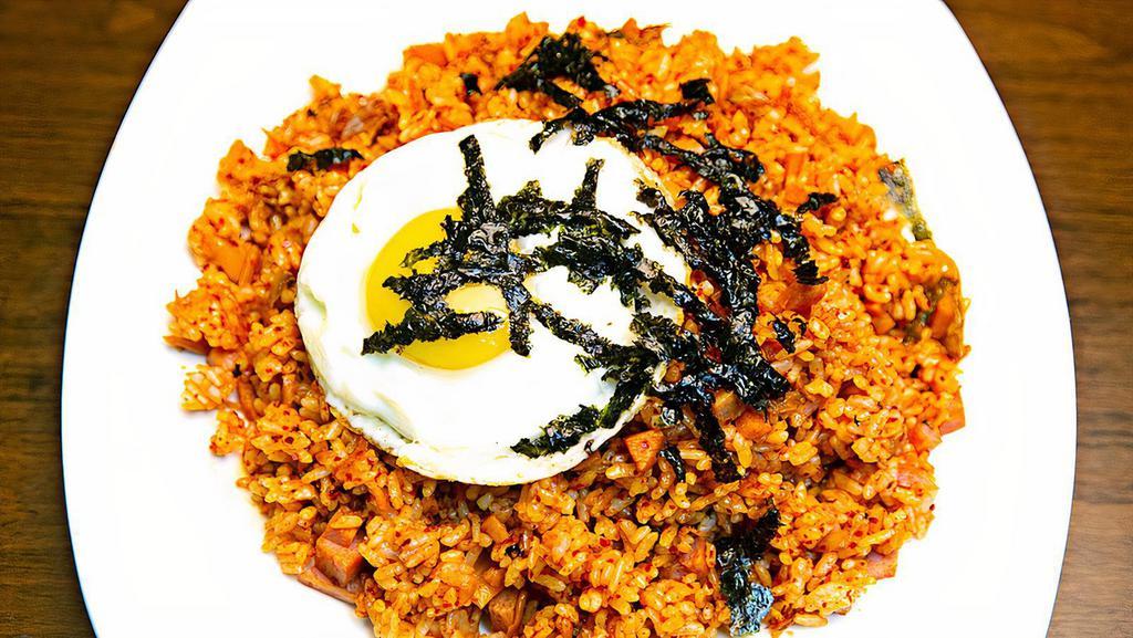 Kimchi Fried Rice(김치볶음밥) · Fried rice with spam and kimchi topped with fried egg. and miso soup.