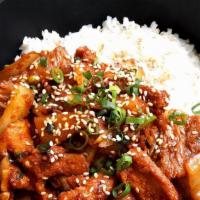 Spicy Pork Over Rice(제육덮밥) · Spicy. Spicy pork and vegetables over white rice  and miso soup.
