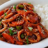 Spicy Squid Over Rice(오징어 덮밥) · Spicy. Spicy stir-fried squid and vegetables over white rice  and miso soup.