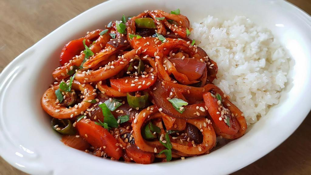 Spicy Squid Over Rice(오징어 덮밥) · Spicy. Spicy stir-fried squid and vegetables over white rice  and miso soup.