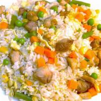 Fried Rice With Chicken(치킨 볶음밥) · Pan fried white rice with egg and mixed vegetables with chicken and miso soup.