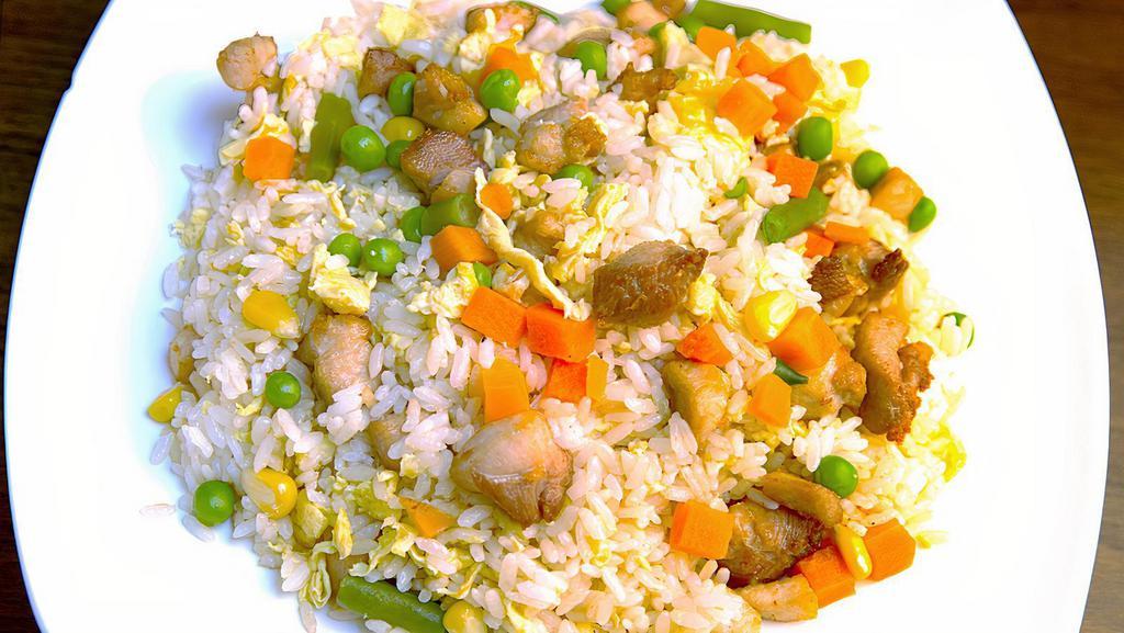 Fried Rice With Chicken(치킨 볶음밥) · Pan fried white rice with egg and mixed vegetables with chicken and miso soup.