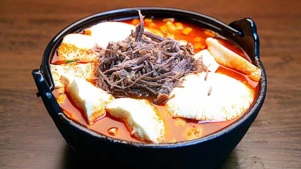 Beef Soft Tofu Stew (소고기순두부) · Spicy. soft tofu stew with Beef, vegetables, soft tofu and egg in spicy broth. Served with rice.