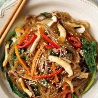 Japchae(잡채) · Vegetarian. Stir-fried glass noodle with mixed vegetables, add extra bulgogi for an addition...