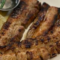 Inihaw Liempo · Grilled pork belly strips with or without Renee's BBQ sauce, and Renee's atchara.