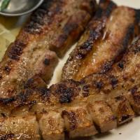 Bbq Liempo · Grilled pork belly strips with or without Renee's BBQ sauce, and Renee's atchara.