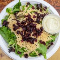 Mesclun Salad With Asiago Cheese · Mesclun leaves, shaved asiago cheese & dried cranberries.