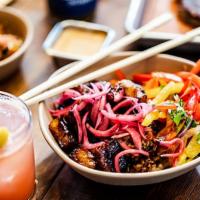 Glazed Pork Belly Bowl · cured and braised pork belly marinated in a sweet and mildly spicy arbol chili sauce. topped...