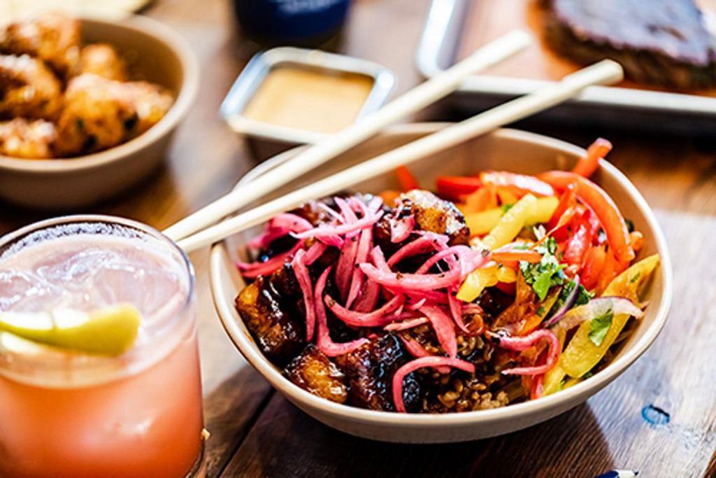 Glazed Pork Belly Bowl · cured and braised pork belly marinated in a sweet and mildly spicy arbol chili sauce. topped with: cilantro, pickled red onions. contains: garlic, onion, refined sugar.