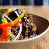 Roasted Duck Bowl · duck thighs dry rubbed then slow roasted, shredded and topped with a tamarind glaze. topped ...