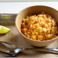 Esquites (Corn Off The Cob) · sweet corn kernels tossed with cotija cheese in a creamy and tangy mayonnaise sauce and topp...