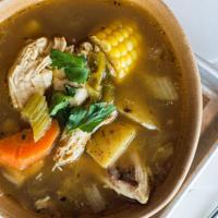 Chicken Soup · rustic chicken soup with corn, jalapenos, potatoes, and cilantro. contains: garlic + onion