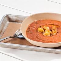 Gazpacho · chilled tomato based soup with onions, poblano peppers, red bell peppers, and cucumbers, gar...