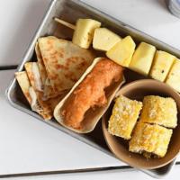 Kids Tray (Serves One) · quesadilla, corn wheels, fruit skewer, choice of taco. contains: dairy, gluten