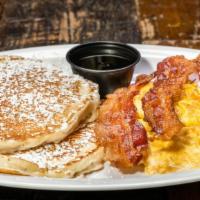 Pancake Platter · Buttermilk pancakes eggs any style, sausage or bacon.