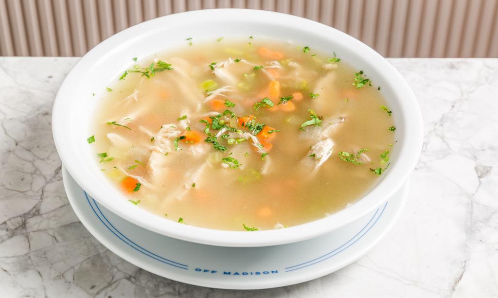 Estelle'S Chicken Soup · Fortified broth with plenty of vegetables and poached chicken.