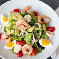 Palm Beach Salad · Mixed Greens, Rosemary-Skewered Jumbo Shrimp, Hearts of Palm, Avocado, Cherry Tomatoes, Hard...