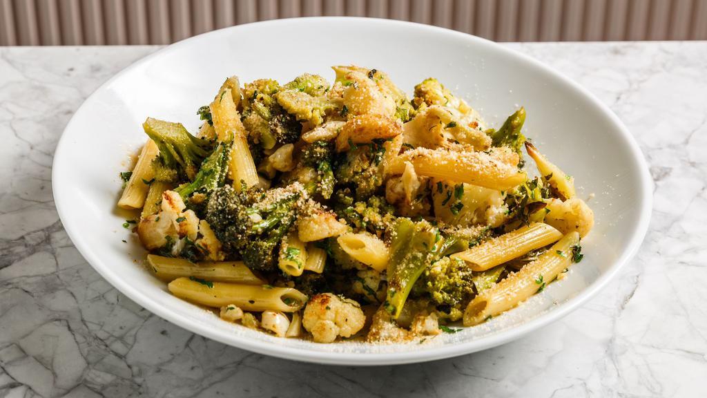 Penne Al Cefalu · Vegan. Garlic-roasted broccoli, cauliflower, and romanesco with olive oil and fresh oregano, topped with garlicky toasted breadcrumbs.