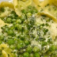 Tortellini “Bisi” · Filled w/ ricotta & English peas, sauce of English peas, butter , fresh mint