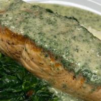 Sautéed Salmon Filet · W/ nettle beurre blanc, sautéed spinach & mashed potatoes