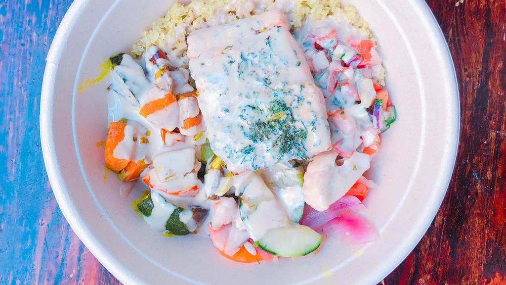Roasted Salmon Bowl · Herb marinated, roasted salmon served over quinoa with Israeli salad, roasted veggies and Foreverything pickles. Gluten free.