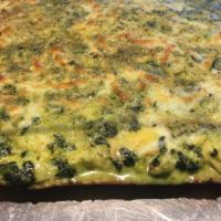 Spinach Artichoke Dip Pie (12 Slices) · Spinach and Artichoke dip on a thin square crust