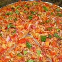 Bruschetta Pizza · Basil, onions, olive oil, garlic and tomato. No cheese.