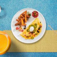 Mexican Omelette · Three eggs, onions, tomatoes, jalapenos, and cheese.