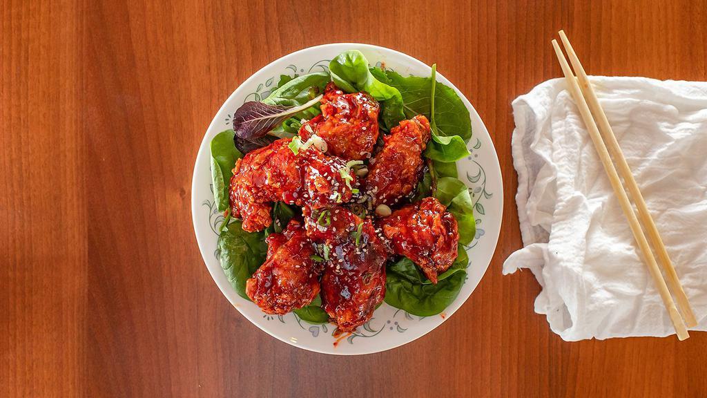 Korean Style Sweet And Spicy Chicken Wings · Spicy. 5 pieces. Tossed in gochujang based sauce.