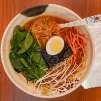 Ramyun · Topped with carrot, scallion, spinach, bean sprout, and half soft boiled egg.
