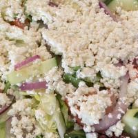 Greek Salads · Gluten-free. Lettuce, tomatoes, cucumbers, red onion, feta cheese and kalamata olives.