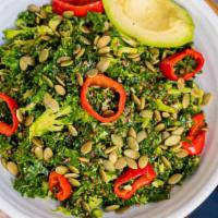 Green Salad · Kale, broccoli, quinoa, toasted pepitas, avocado, pickled peppers, honey dijon dressing (GF)